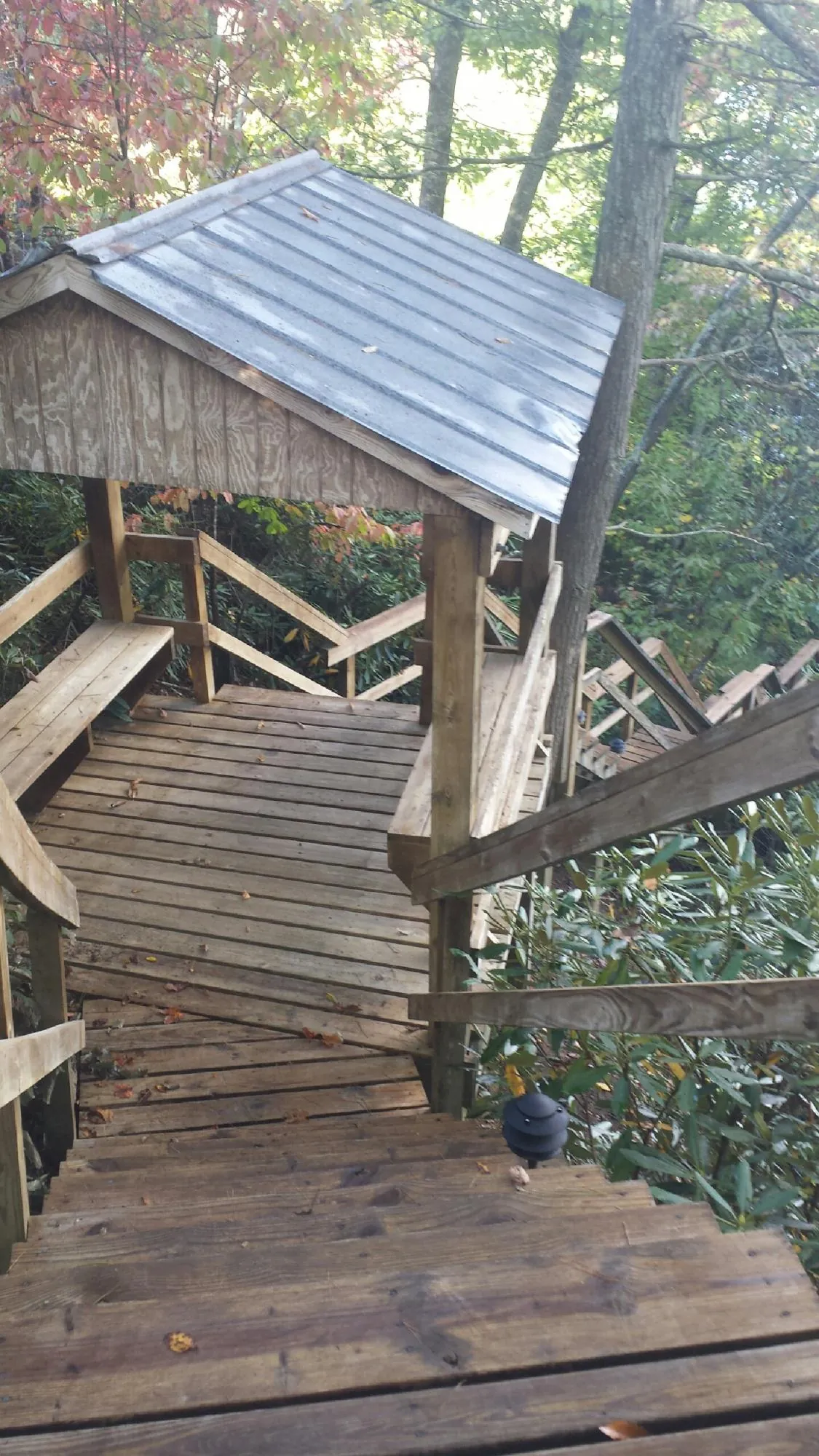 Metal roofed shelter over wooden steps on a wooded walkway — Skylight Repair & Installation work by our crew in Alfred